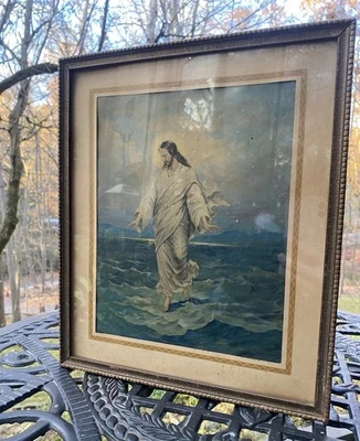 Antiguo estampado vintage de Jesucristo caminando sobre agua enmarcado Foto 1 de 4