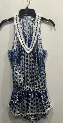 Poupette St. Barth azul negro blanco floral seda mameluco cordón cintura talla xs Foto 1 de 4
