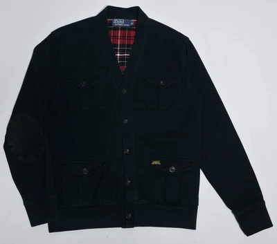 Polo Ralph Lauren Cárdigan Suéter Para Hombre Mediano Franela Forrado Codo Parche Negro Foto 1 de 4