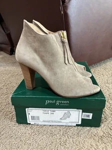 Paul Green Peep Toe Heeled Zip Ankle Booties Women’s US Size 8 Topaz Sand Suede - Picture 1 of 12