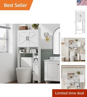Armario de almacenamiento sobre inodoro con puertas de granero soporte de estantería de baño blanco Foto 1 de 4