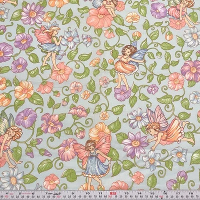 Vintage Cranston Fadas e Flores em Tecido de Algodão Azul FAT QUARTER 18" x 22" - Imagem 1 de 2