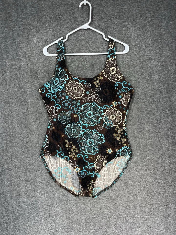 Traje de baño Catalina vintage talla 2X plus floral marrón azul de una pieza cobertura completa Foto 1 de 4