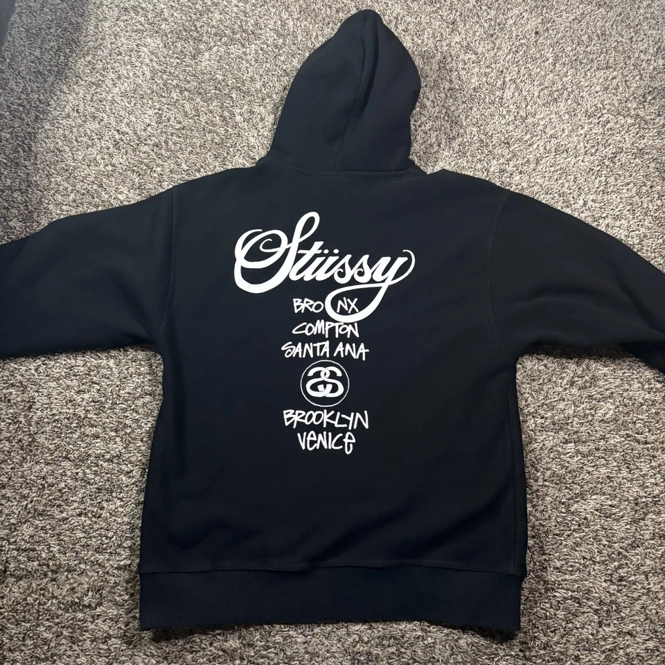 Y2K Stussy Tour Spell Out Script Black Hoodie Size Large 22x28x22 Bronx Compton - Image 1 of 4