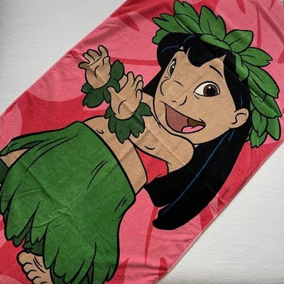 Toalla de playa vintage Lilo & Stitch 30x60" 2002 Disney Store algodón rosa verde Foto 1 de 4
