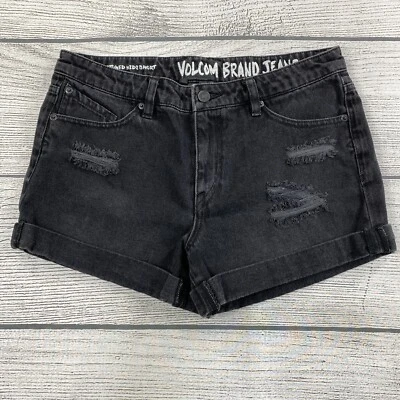 Volcom Stoned Midi Distressed Cuffed Mid Rise Shorts Women Size 7 Black Denim - Image 1 of 4