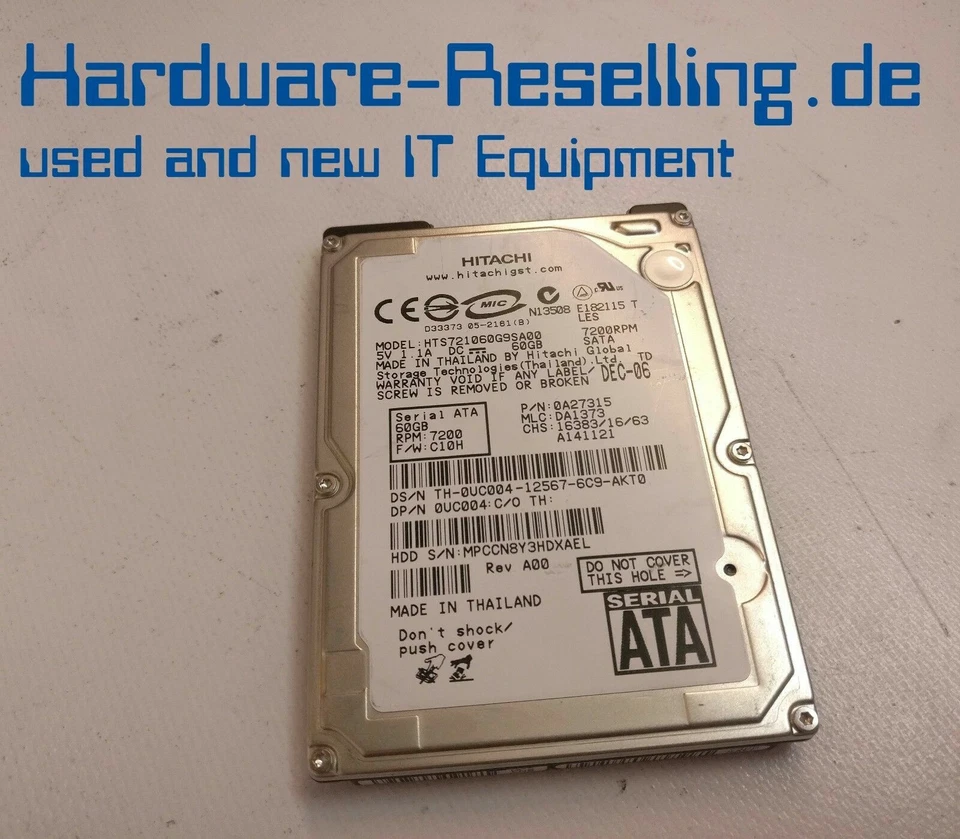 Hitachi 60GB SATA I 1.5G 2,5 " 7.2K 8MB Dell #0UC004 0A27315 HTS721060G9SA00 - Immagine 1 di 1