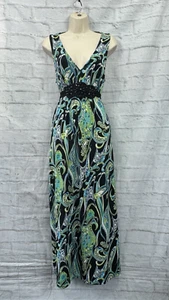 M&S Maxi Dress Size M 14 Beaded Waist Black Green Blue Paisley Tie Back - Picture 1 of 7
