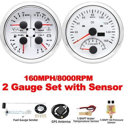 2 Gauge Set 85mm White GPS Speedometer 160MPH W/Tacho/Fuel/Temp/Oil/Volt Gauge  - Image 1 of 4