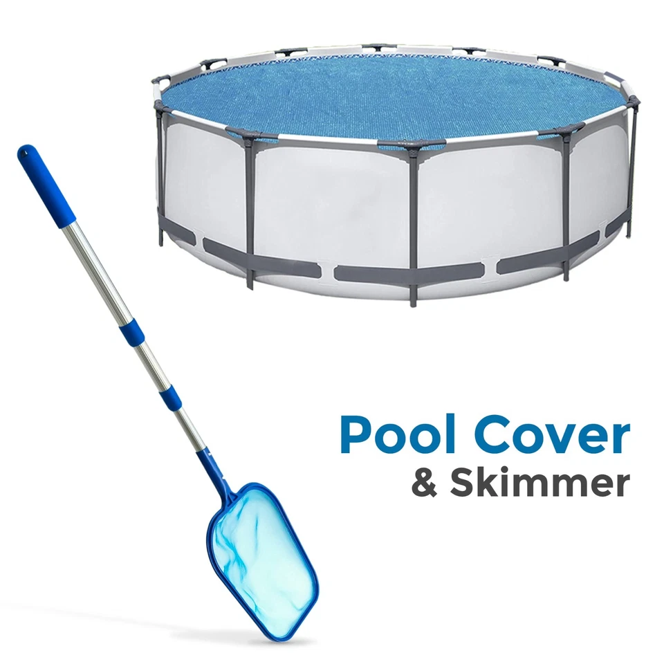 Solar Swimming Pool Cover + Flat Pool Leaf Debris Skimmer for 10/12/15 FT Pool - Image 1 of 1