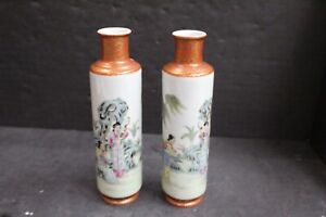 2 19C Chinese Ladies Kwan Yin Porcelain Cylinder Bottle Vases Signed