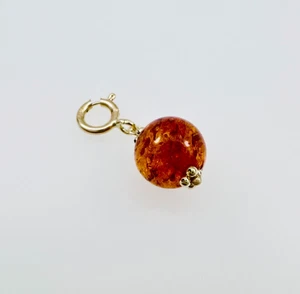 14K Solid Yellow Gold 6.5mm Natural Round Amber Charm Pendant w/Spring Clasp - Picture 1 of 15