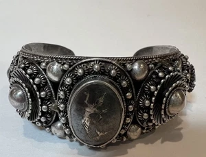 Thai Nakon Siam Lady Dancer Sterling Floral Filigree Cuff Bracelet 6-1/4” 40g - Picture 1 of 11