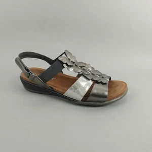 Hotter T-Bar Sandals Womens 4  Metallic Pewter Grey Leather Flat Comfort Holiday - Picture 1 of 13