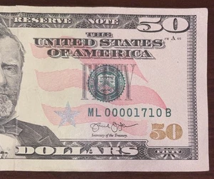 2013 FRN $50 Dollar Bill Quad 0’s ~ Very Low Fancy Serial Number ML00001710B ~ - Picture 1 of 3
