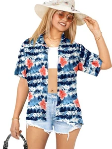 LA LEELA Button Down Shirt for Women Summer Beach L Hibiscus Floral, Black - Picture 1 of 3