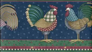 DEBBIE MUMM WHIMSICAL COUNTRY ROOSTERS ON BLUE WALLPAPER BORDER - Picture 1 of 1
