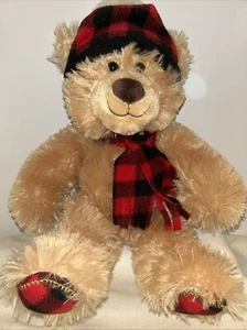 Mary Meyer 14" Plush Stuffed Tan Christmas Bear Red & Black Plaid Hat Scarf Feet - Picture 1 of 7