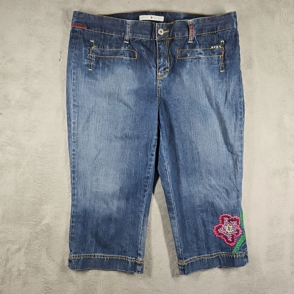 Pantalones de mezclilla Tommy Hilfiger X-tra tiro bajo azul capri bordado color puntada talla 16 Foto 1 de 4