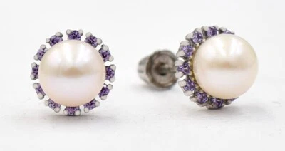 GENUINE PEARL & AMETHYST STUD EARRINGS .925 STERLING SILVER  - Screw Backs - Image 1 of 4