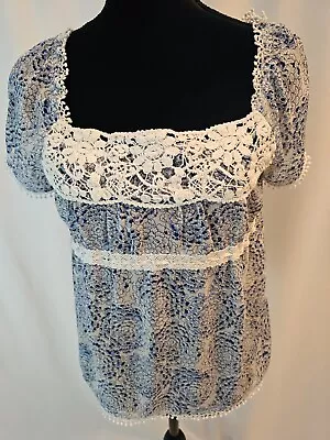 Guess Jeans Azul Floral Con Encaje Mujer Top Talla S T526 Foto 1 de 4