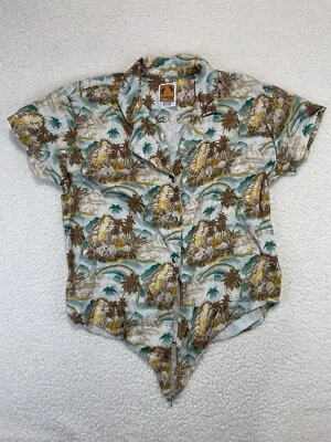 Camisa Hawaiana Vintage Hang Ten Dorada Recortada Corbata Frontal Floral Mujer Mediana M Foto 1 de 4