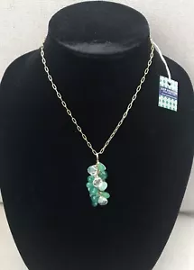 New 14k GF Box Chain Necklace with Green Chalcedony Quartz Cluster Drop Pendant - Picture 1 of 8