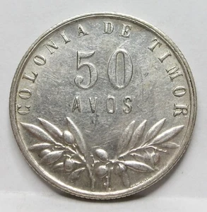 TIMOR Portuguese Colonia Portugal 50 Avos 1945 About UNC Silver Cross RARE #F37 - Picture 1 of 6