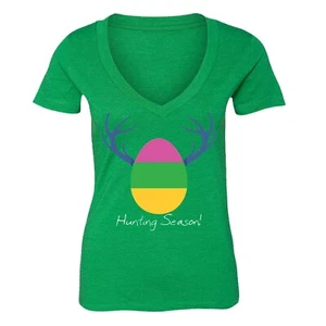 Para mujeres Temporada de Caza Camisa Conejo de Pascua Huevo Camiseta Primavera Cuello en V Camiseta - Imagen 1 de 11