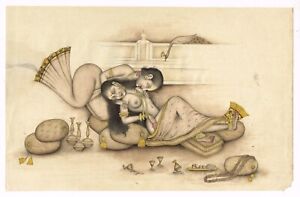 Miniatur Malerei Von Nackte Frauen Verliebt Szene Kunst - Indien Vintage Kunst