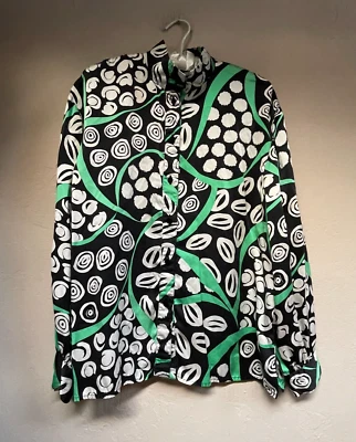 Camisa De Colección Jon Tagia Pret-A-Porter Mujer Negra Blanca Verde Estampado Seda Talla 10 Foto 1 de 4