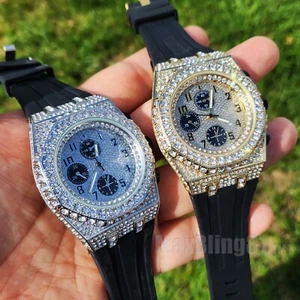 LUXURY HIP HOP ICED SILICONE BAND SIMULATED DIAMOND BLING WRIST FASHION WATCH - Picture 1 of 8