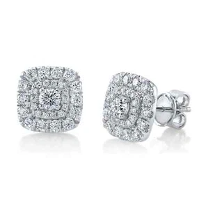 Diamond Stud Square Earrings 14K White Gold Cushion Halo 1.15CT Round Natural - Picture 1 of 3