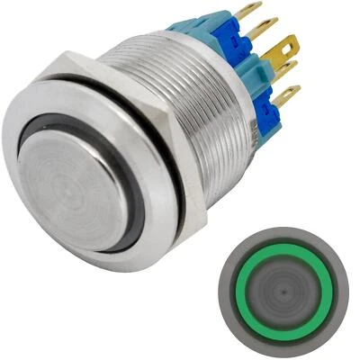 Stainless steel Pressure switch raised Ø22mm Ring LED Green IP65 2,8x0,5mm Pins  - Image 1 of 3