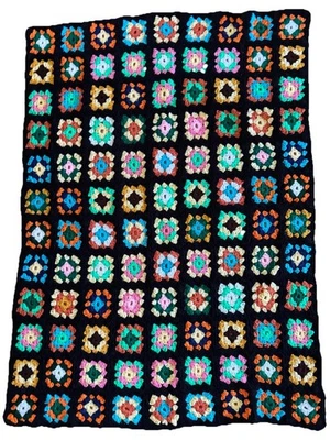 Cobertor de crochê vintage feito à mão vovó quadrado preto afegão 48 x36 multicolor - Imagem 1 de 4
