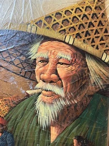 Vintage Artist Signed Original Oil Painting Portrait Old Man Smoking Men Asian - Picture 1 of 16