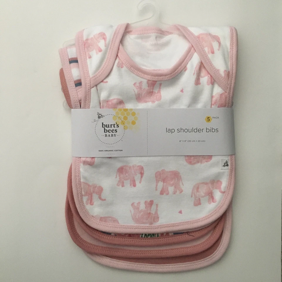 全新 Burt’s Bees 5圈肩围兜有机棉粉色大象纯色条纹 — 第 1/1 张图片