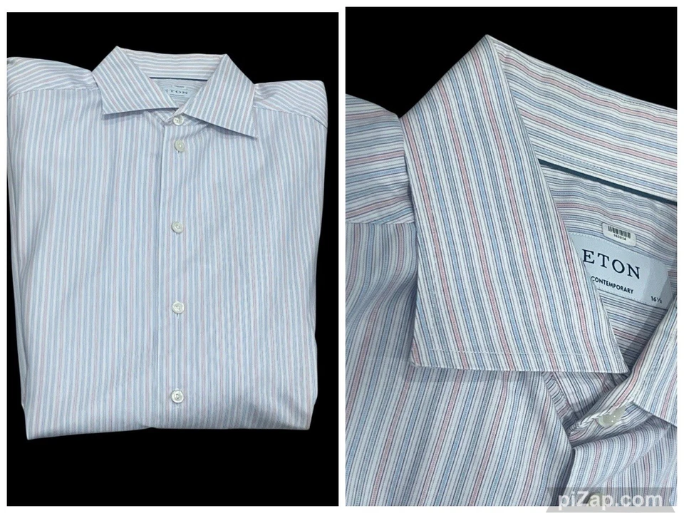 CAMISA DE VESTIR ETON CONTEMPORÁNEA YORK RAYAS ROSA AZUL BLANCO LUJO 42 16.5 Foto 1 de 4