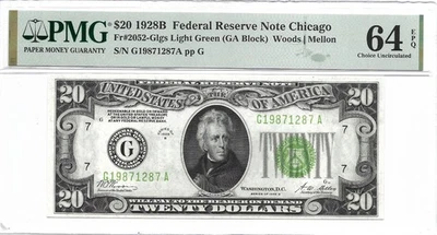1928B $20 CHICAGO FRN. PMG Choice Uncirculated 64 EPQ Banknote. LIGHT GREEN Seal - Image 1 of 2
