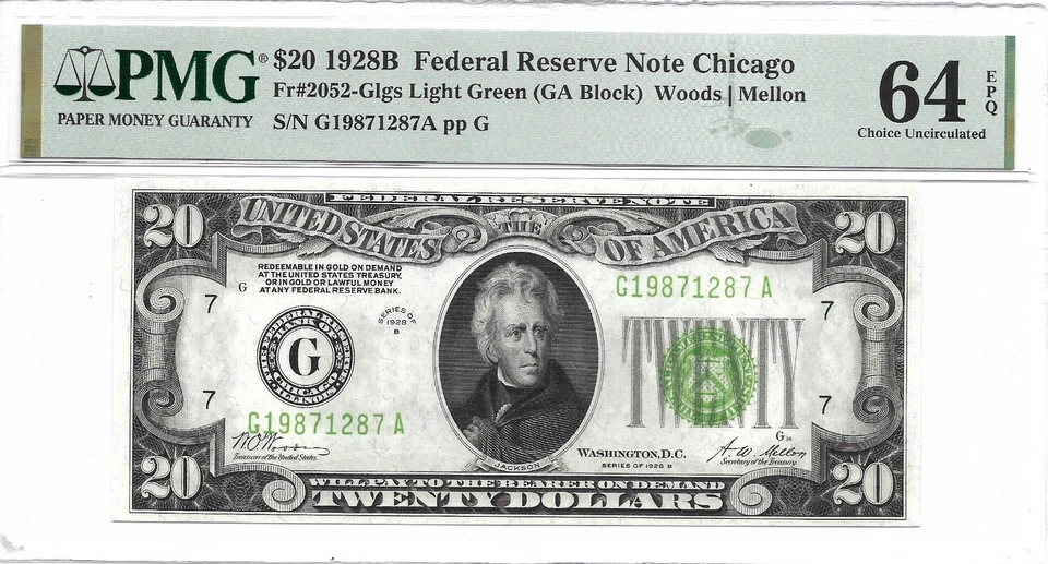 1928B $20 CHICAGO FRN. PMG Choice Uncirculated 64 EPQ Banknote. LIGHT GREEN Seal - Image 1 of 2