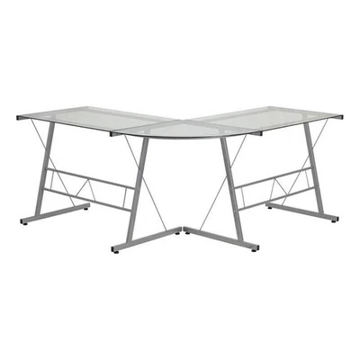 Escritorio contemporáneo Bowery Hill de vidrio en forma de L en transparente/plateado Foto 1 de 2