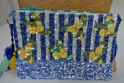 BOLSO ANTICA SARTORIA 2025 RAYAS AZULES Y BLANCAS CON LENTEJUELAS LIMONES NUEVO CON ETIQUETAS Foto 1 de 4