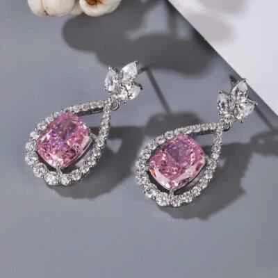 4Ct Cushion Cut Lab Created Sapphire Drop Dangle Earrings 14k White Gold Plated - Image 1 of 4