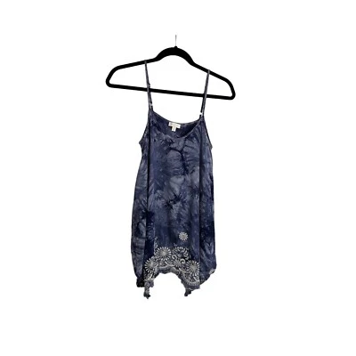 Charming Charlie Blue Tie Dye Floral Embroidered Hem Strappy Top Womens Size S - Image 1 of 4