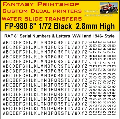 RAF 8" LETTERS NUMBERS WATER SLIDE TRANSFERS MODELS KIT DECALS FP-980 BLACK 1/72 - Image 1 of 4