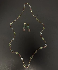 Gold Tone Multi-Colored Channel Set Faceted Crystals 38” Necklace & Earrings Set - Picture 1 of 7