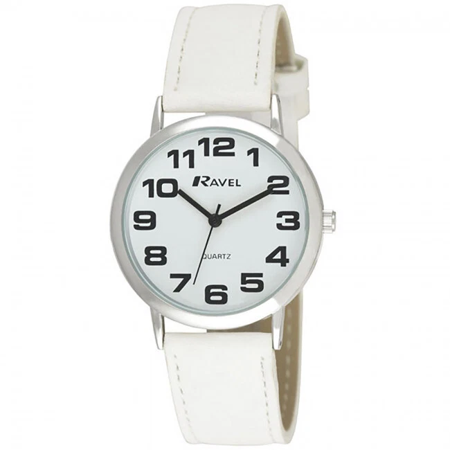 Mens Ladies BIG Numbers  Watch Easy Read Clear Bold Dial  White Faux Strap - Image 1 of 1