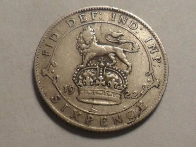 1922 NICE GREAT BRITAIN 50.0% SILVER 6-PENCE KM#815a.1  LOW MINTAGE 16,879,000! - Image 1 of 2