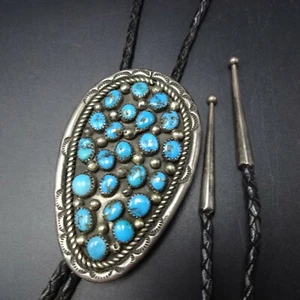 Vintage Hand Stamped Sterling Silver BLUE MORENCI TURQUOISE Cluster BOLO - Picture 1 of 12
