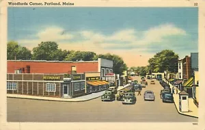 PORTLAND MAINE WOODFORDS CORNER LEINEN POSTKARTE - Bild 1 von 2